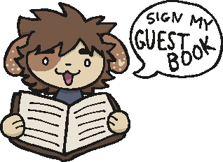 Image of an anthropomorphic brown and white dog holding a book and saying Sign my guestbook